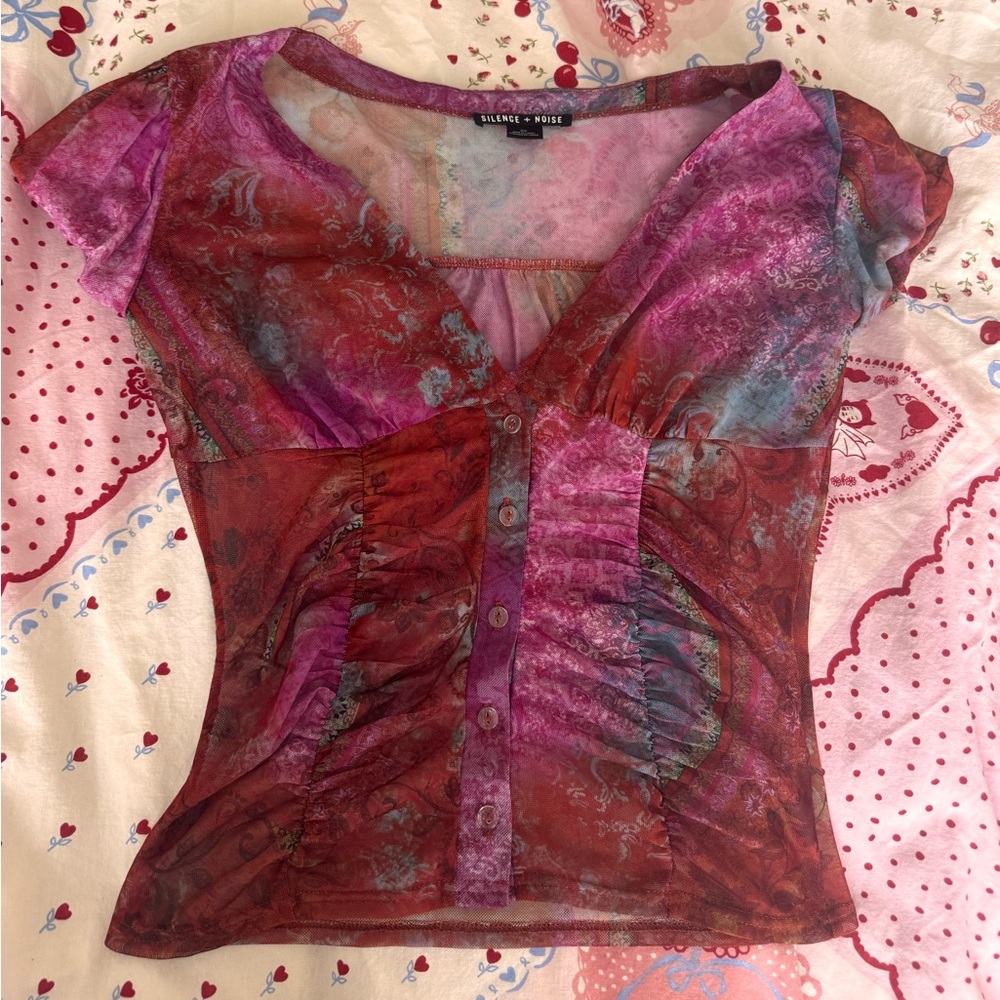 Silence + Noise Pink and Purple Fitted Ruched Blouse